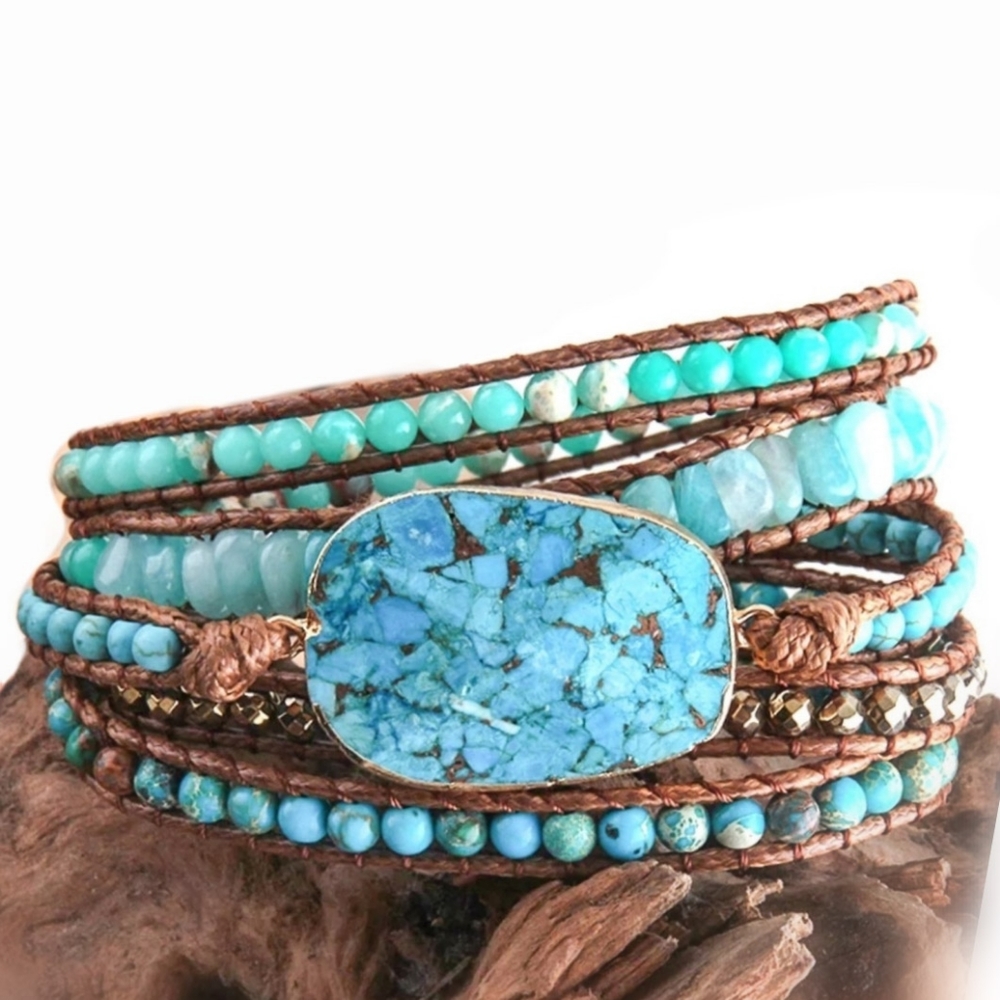 Handmade Natural Blue & Leather Wrap Bracelet Eclectic Chic Style for the Summer - Picture 6 of 6